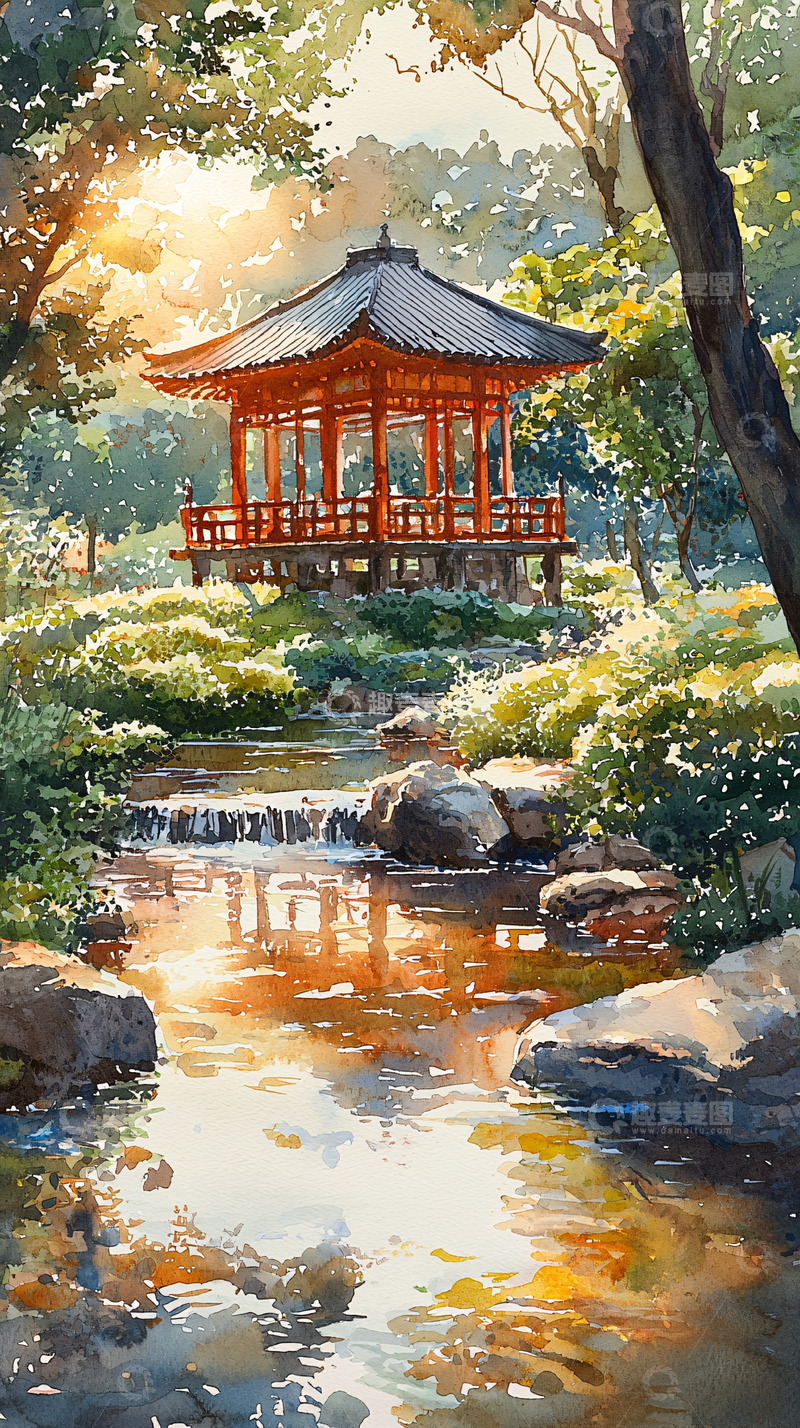 高清大图下载【趣麦麦图】水彩亭台