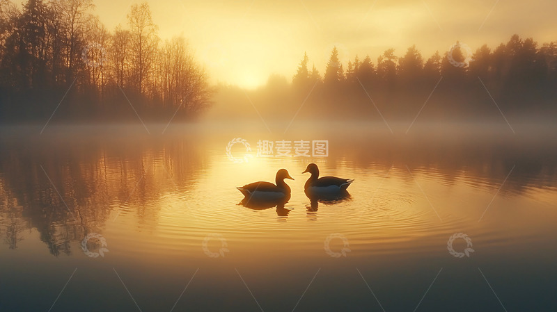 高清大图下载【趣麦麦图】日出湖面鸳鸯剪影