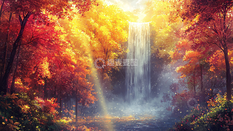 高清大图下载【趣麦麦图】秋日瀑布阳光洒下