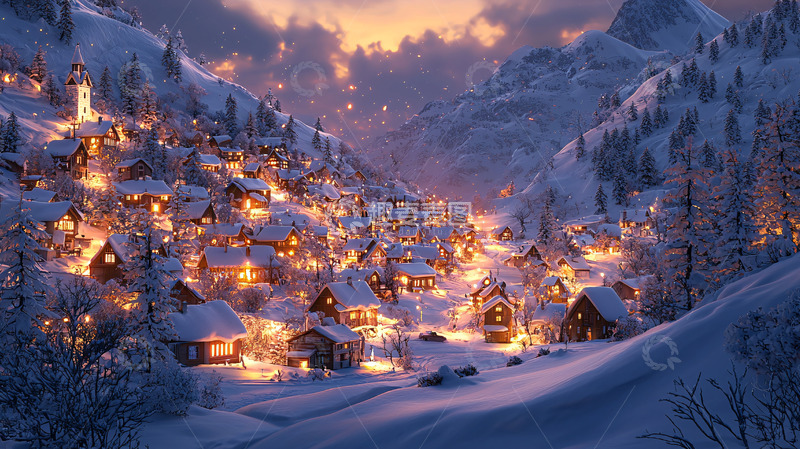 高清大图下载【趣麦麦图】雪山小镇夜景