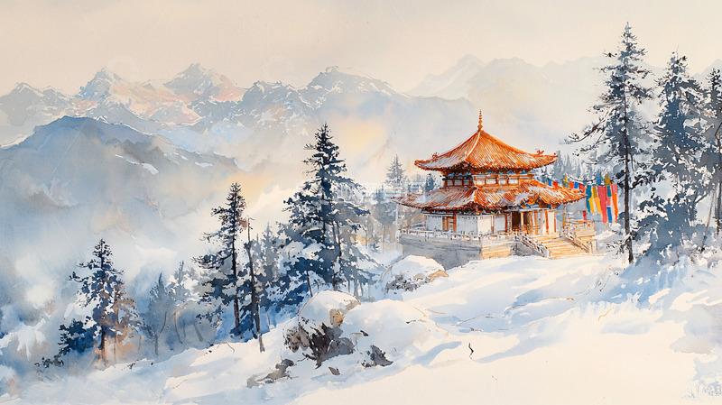 高清大图下载【趣麦麦图】雪山上的古老寺庙