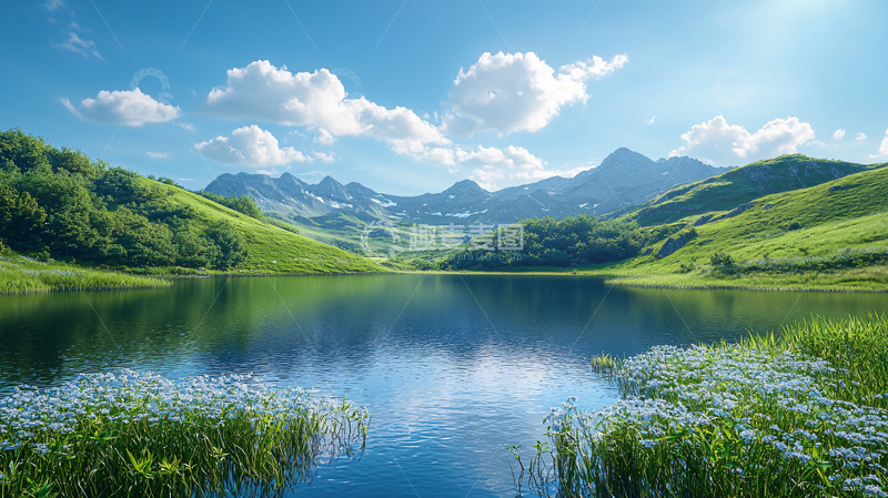 高清大图下载【趣麦麦图】阳光明媚下的山湖美景
