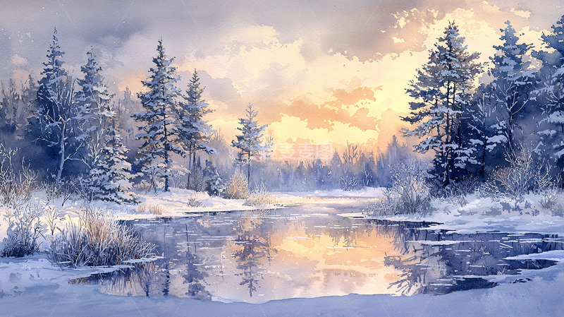 高清大图下载【趣麦麦图】冬日雪景森林河流日出