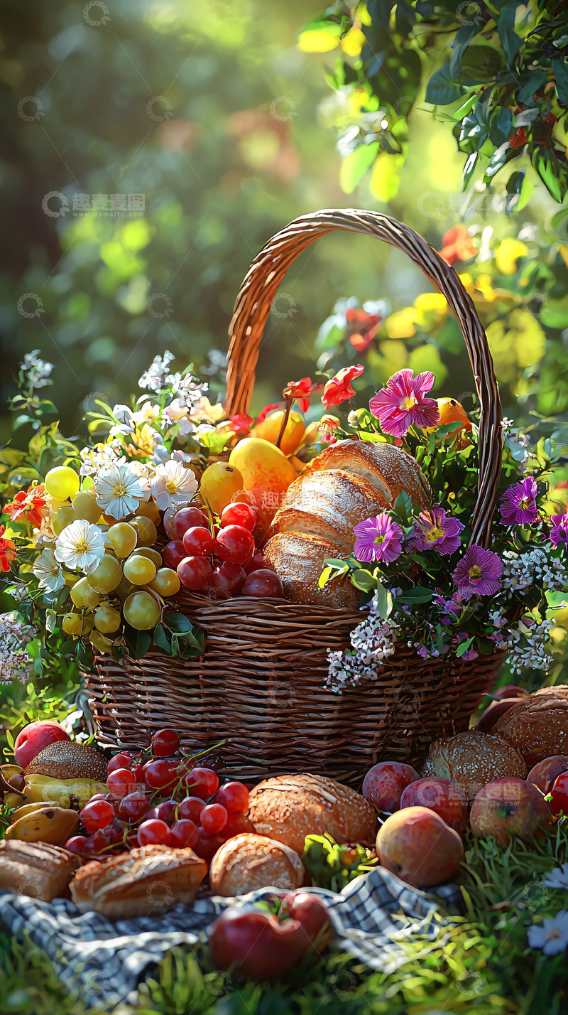 高清大图下载【趣麦麦图】阳光下装满食物鲜花的篮子