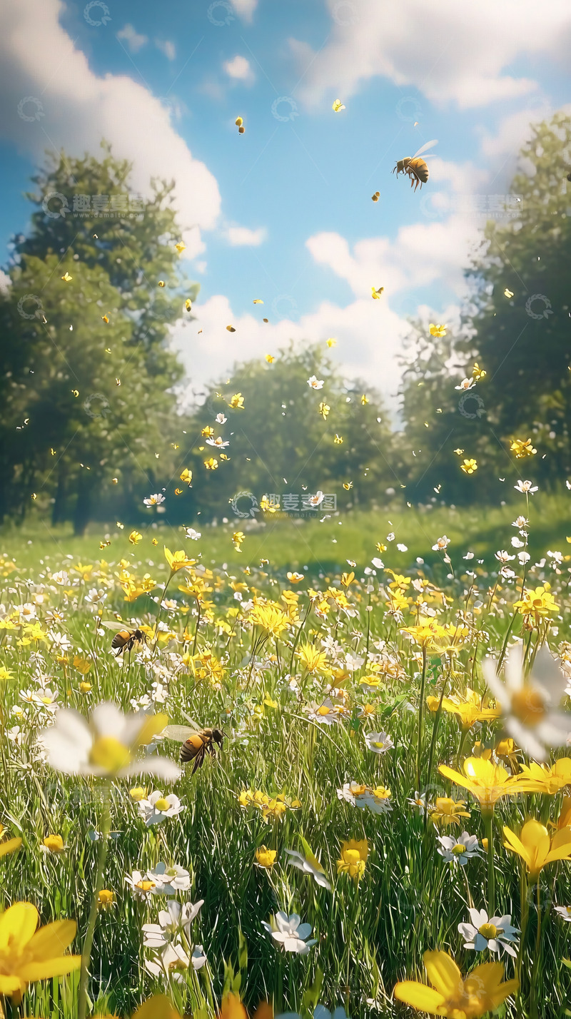高清大图下载【趣麦麦图】阳光下飞舞的蜜蜂和野花