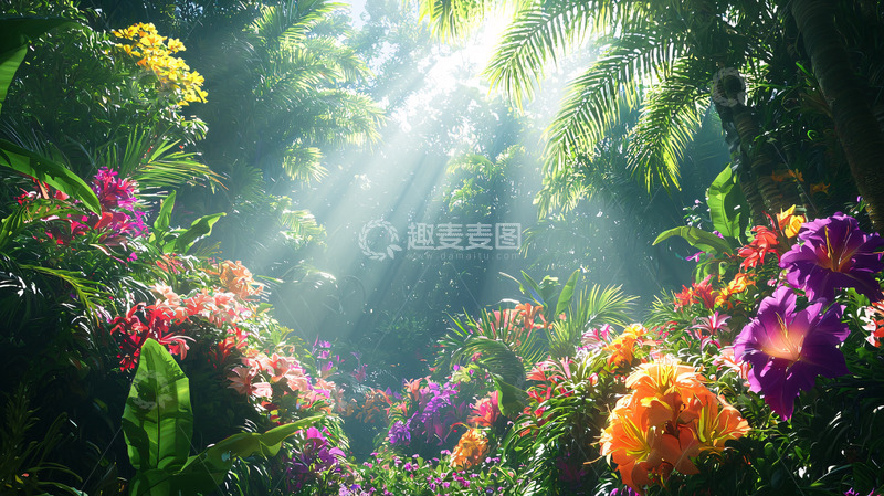 高清大图下载【趣麦麦图】阳光透过树林花海