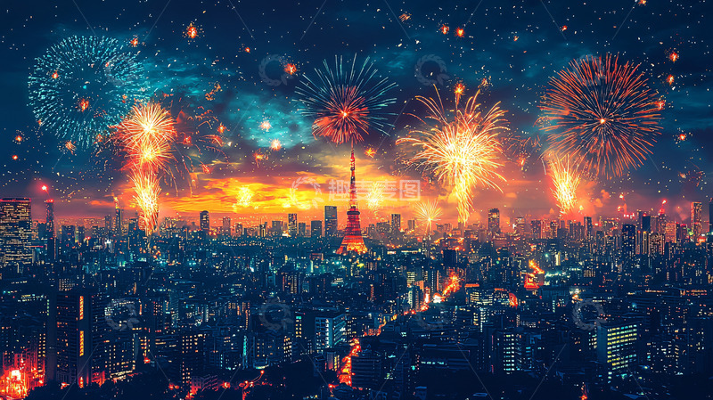 高清大图下载【趣麦麦图】东京夜景烟花