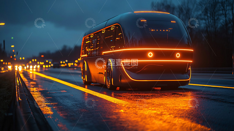 高清大图下载【趣麦麦图】夜晚公路上的自动驾驶巴士