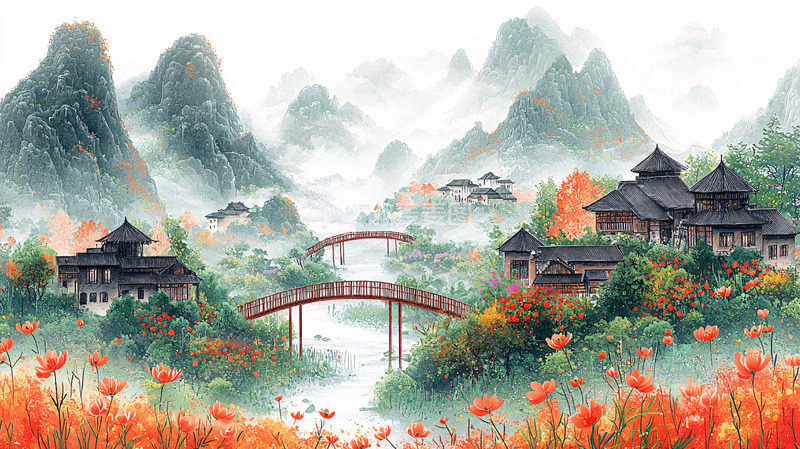 高清大图下载【趣麦麦图】水墨风山水画意境房屋