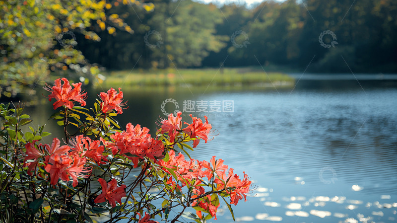 高清大图下载【趣麦麦图】湖边盛开的红色杜鹃花
