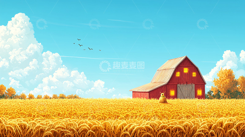 高清大图下载【趣麦麦图】红谷仓金黄麦田风景