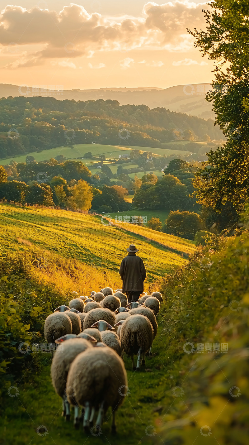 高清大图下载【趣麦麦图】牧羊人黄昏牧羊图