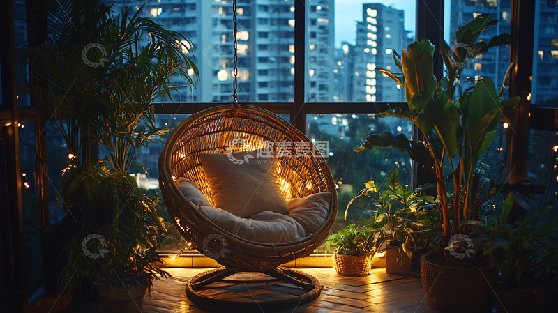 高清大图下载【趣麦麦图】夜景阳台吊椅