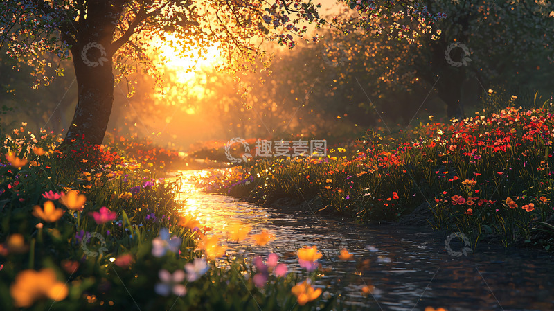 高清大图下载【趣麦麦图】清晨阳光下的花田溪流