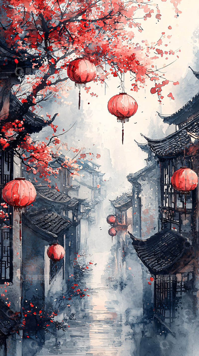 高清大图下载【趣麦麦图】中国风水墨画古镇红灯笼