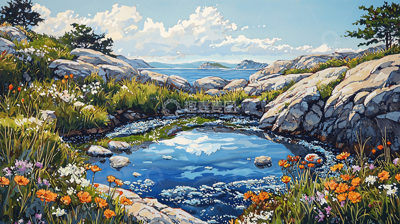 高清大图下载【趣麦麦图】阳光下的岩石海岸清澈水潭