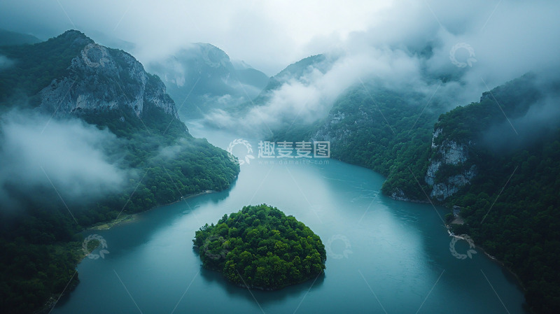 高清大图下载【趣麦麦图】雾气笼罩下的峡谷河流