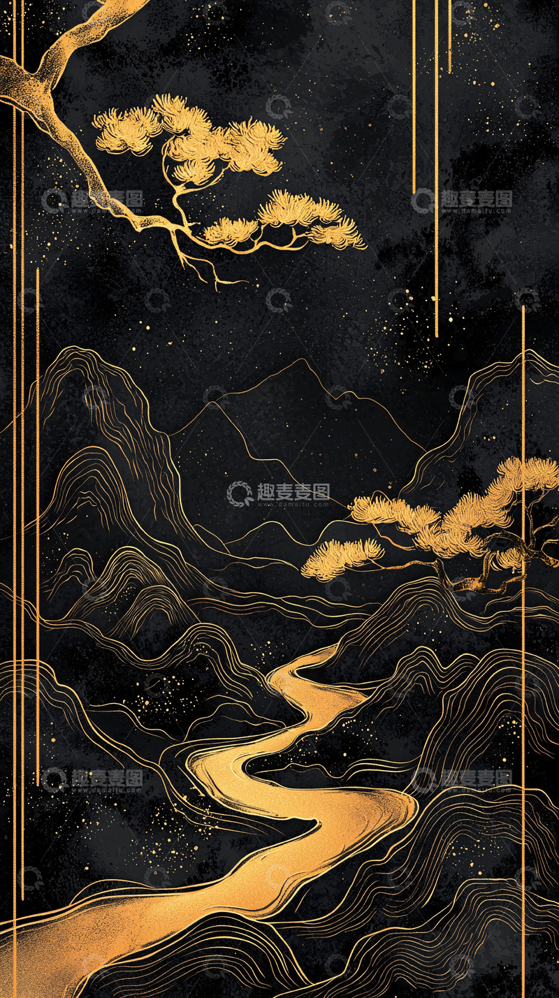 高清大图下载【趣麦麦图】黑色水墨山水金色点缀
