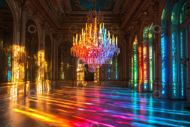 高清大图下载【趣麦麦图】宫殿水晶吊灯彩色光线