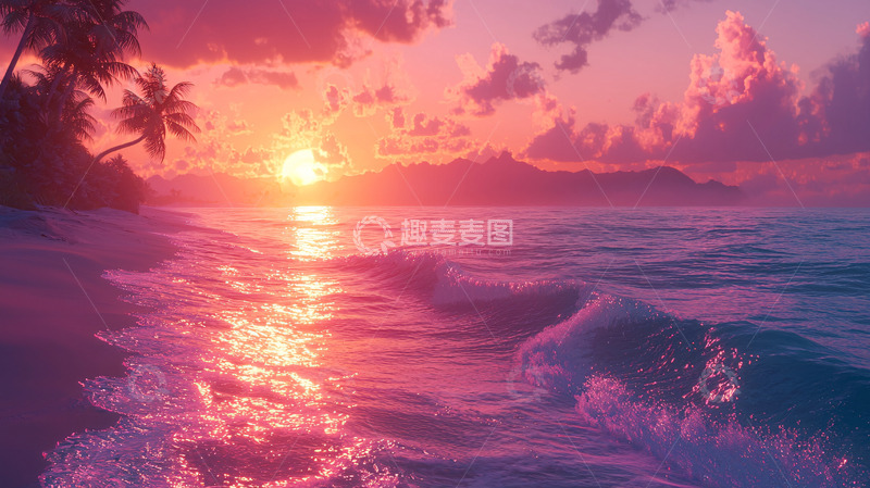 高清大图下载【趣麦麦图】粉色系海滩日落