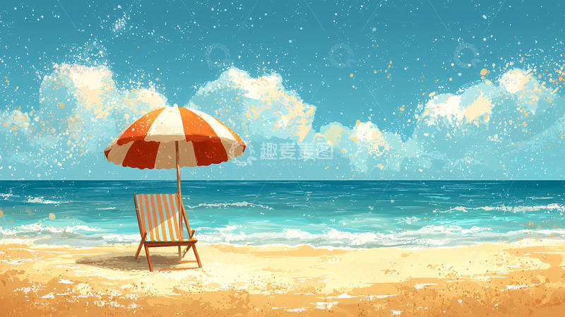 高清大图下载【趣麦麦图】海滩躺椅红白伞