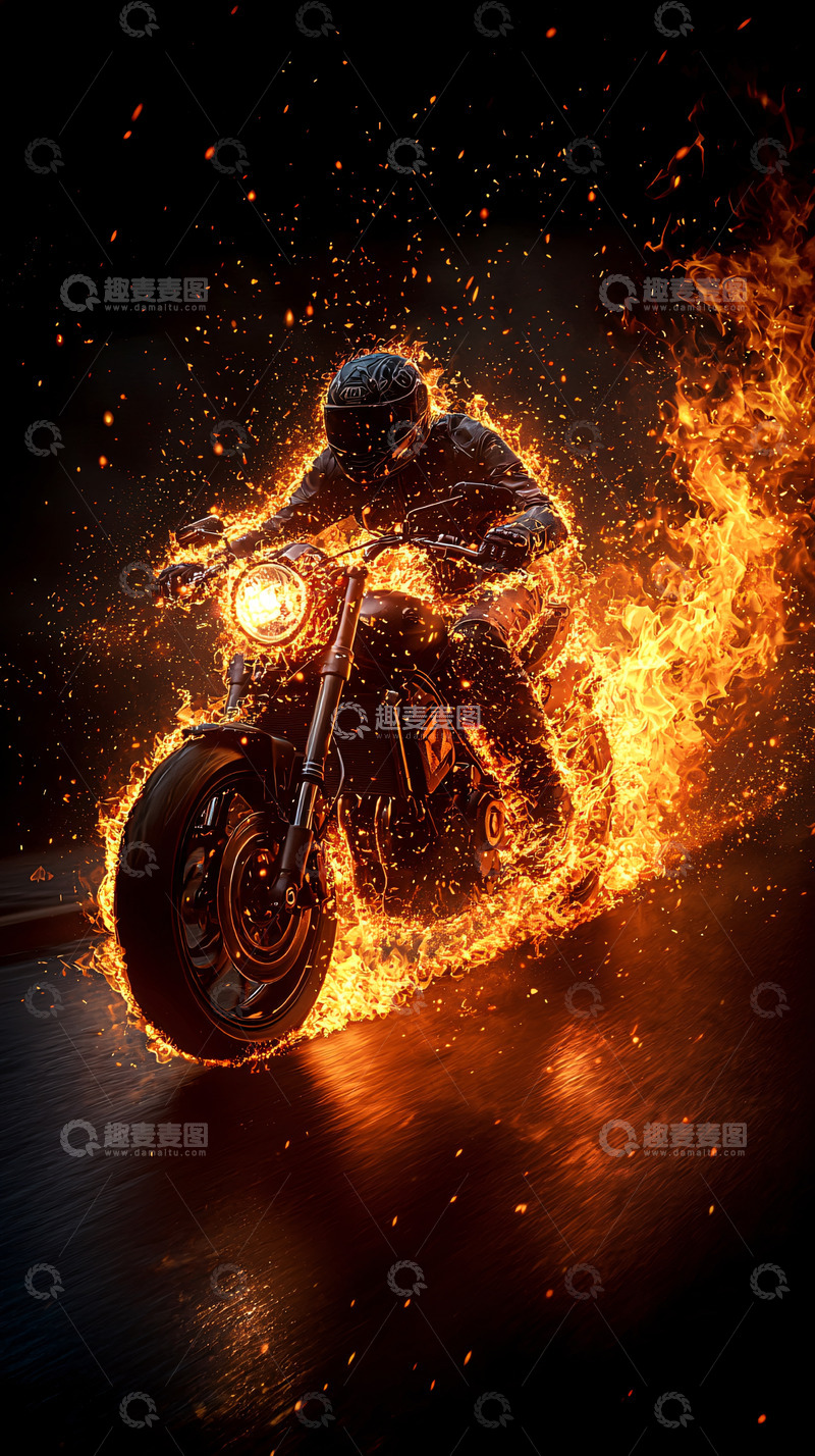 高清大图下载【趣麦麦图】火焰摩托车手狂飙
