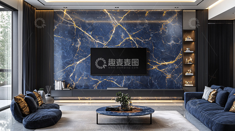 高清大图下载【趣麦麦图】蓝金大理石电视背景墙