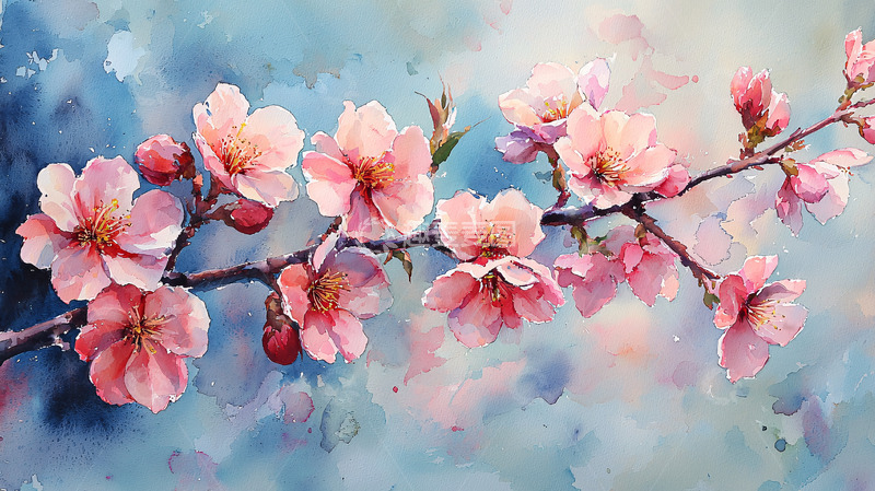 高清大图下载【趣麦麦图】水彩粉红樱花