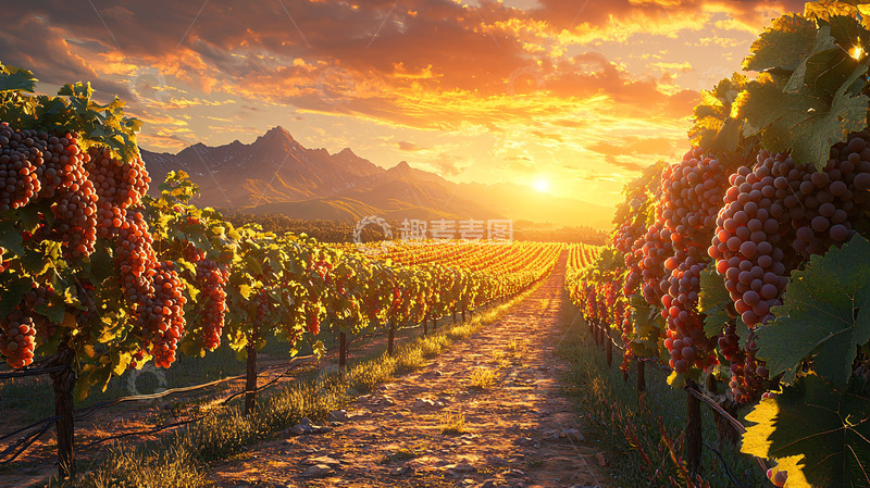高清大图下载【趣麦麦图】夕阳下的葡萄园