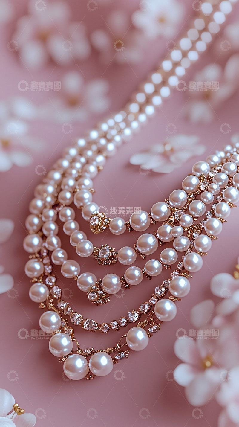 高清大图下载【趣麦麦图】粉色背景珍珠项链