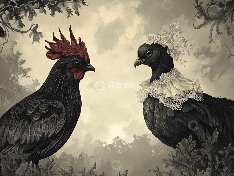 高清大图下载【趣麦麦图】黑公鸡与戴蕾丝的母鸡