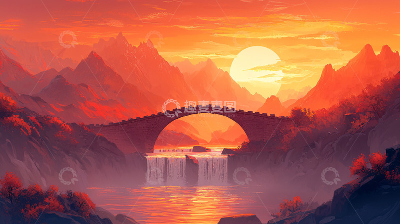 高清大图下载【趣麦麦图】日落山谷古桥瀑布
