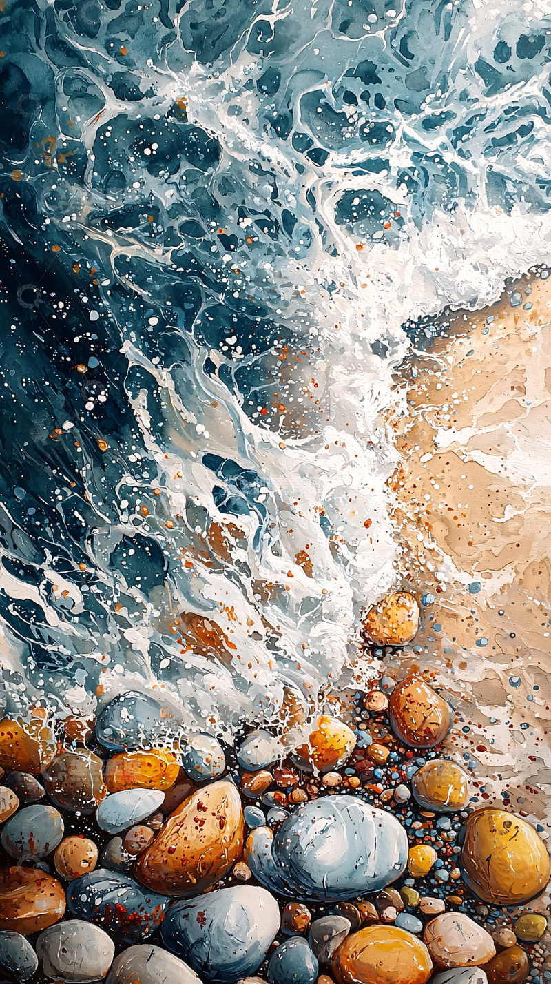 高清大图下载【趣麦麦图】海浪拍打鹅卵石海岸