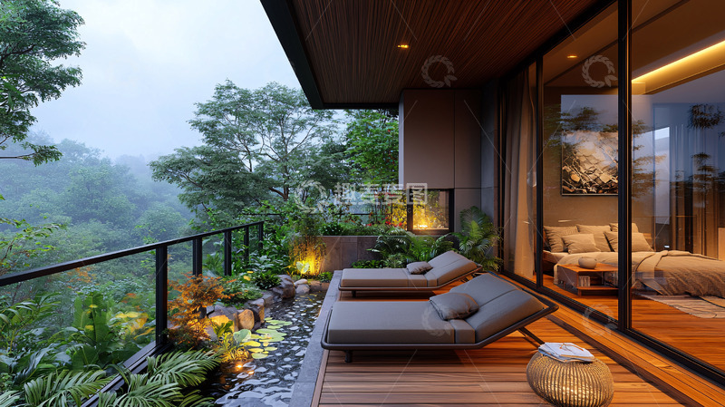 高清大图下载【趣麦麦图】雨后山景阳台休闲区