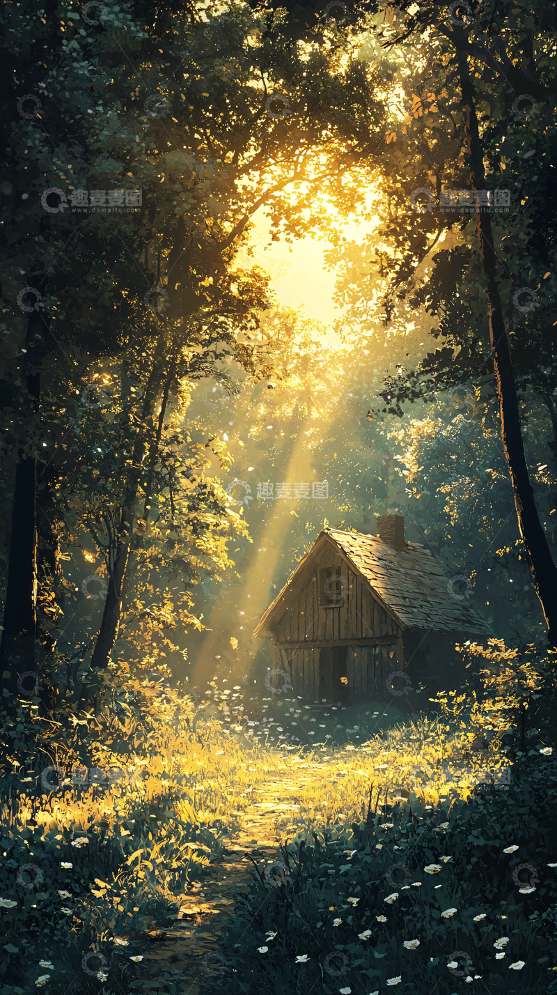 高清大图下载【趣麦麦图】森林小屋晨曦阳光