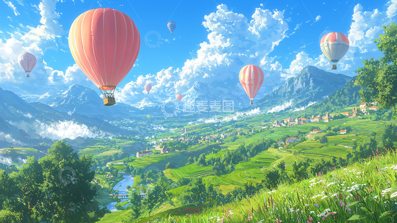 高清大图下载【趣麦麦图】热气球飞跃山谷