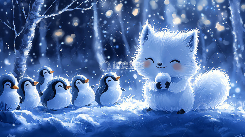 高清大图下载【趣麦麦图】雪地里的小狐狸和企鹅