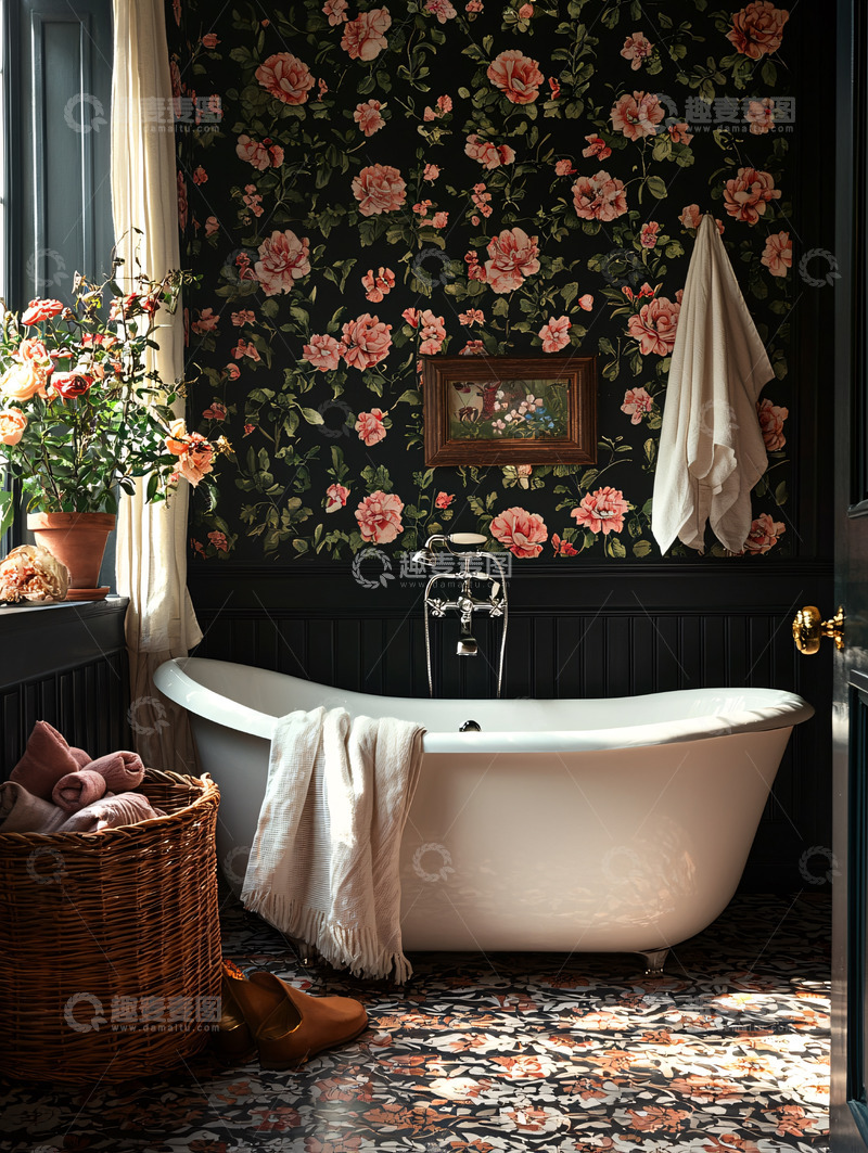 高清大图下载【趣麦麦图】黑色花卉壁纸的浴室内
