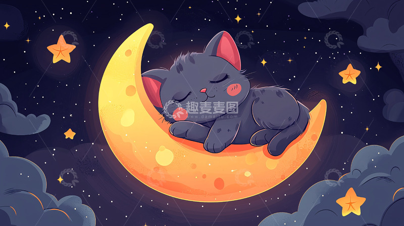 高清大图下载【趣麦麦图】小猫睡在月亮上