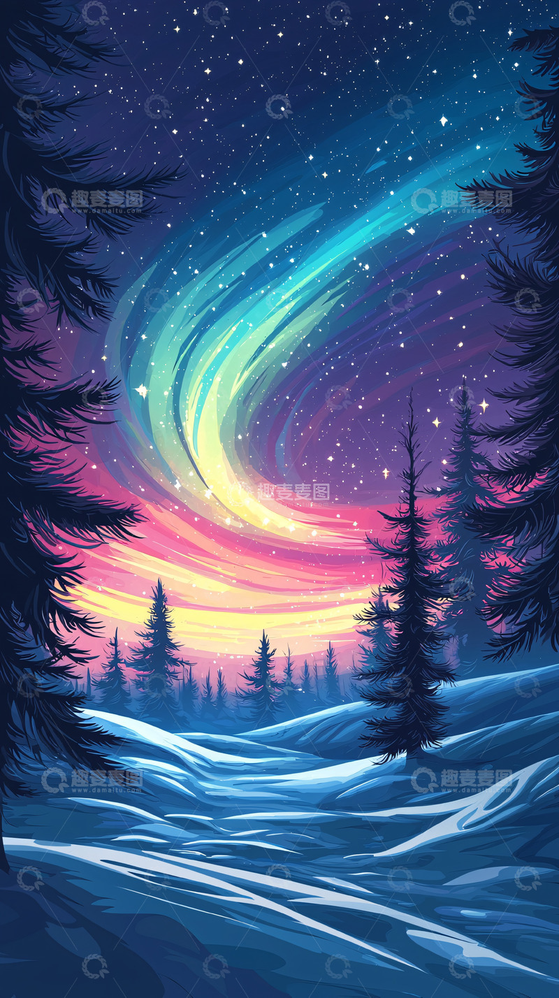 高清大图下载【趣麦麦图】极光雪景森林夜晚