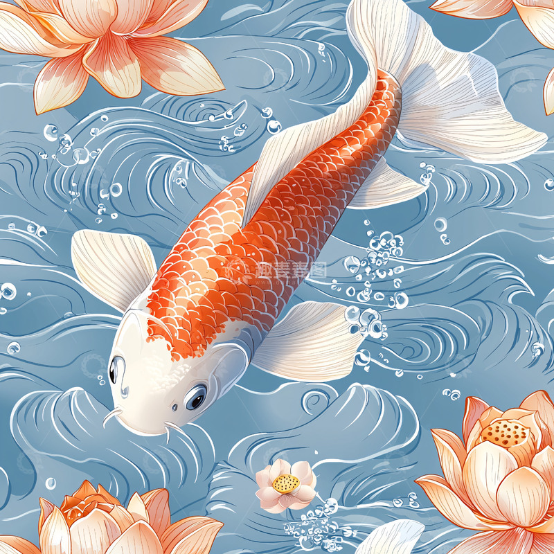 高清大图下载【趣麦麦图】锦鲤莲花水纹的精美图案