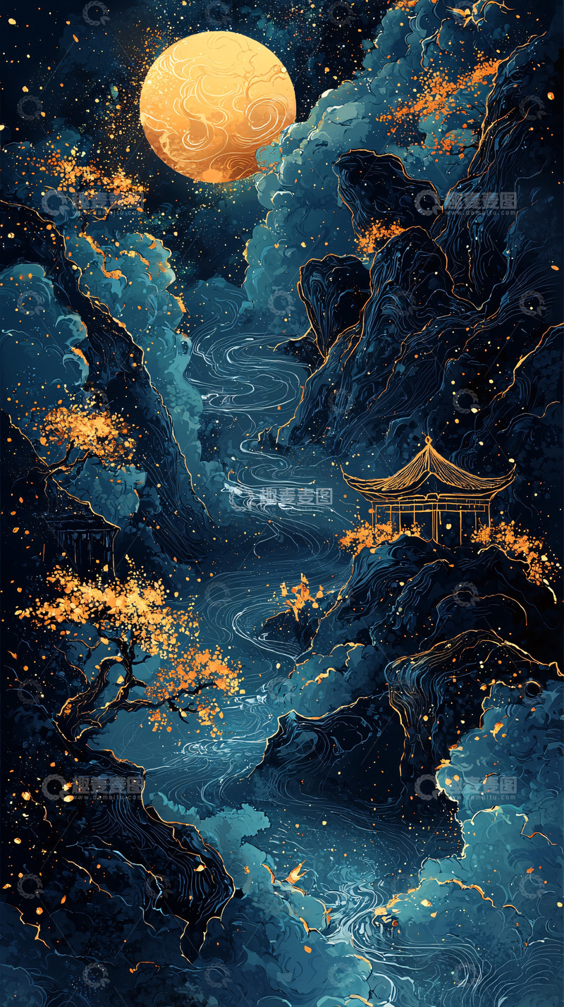 高清大图下载【趣麦麦图】蓝色夜空下的金色月亮