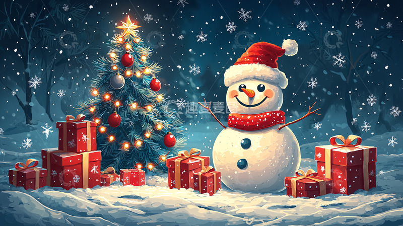 高清大图下载【趣麦麦图】圣诞节雪人圣诞树礼物