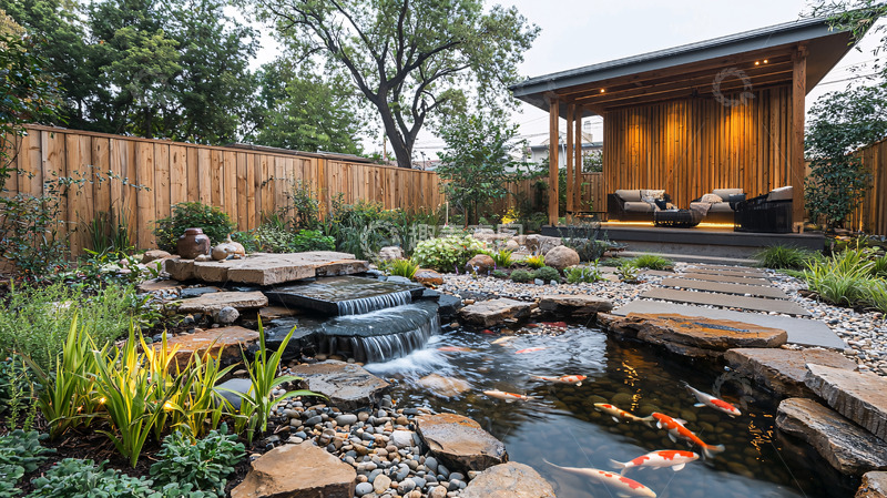 高清大图下载【趣麦麦图】花园凉亭锦鲤池塘