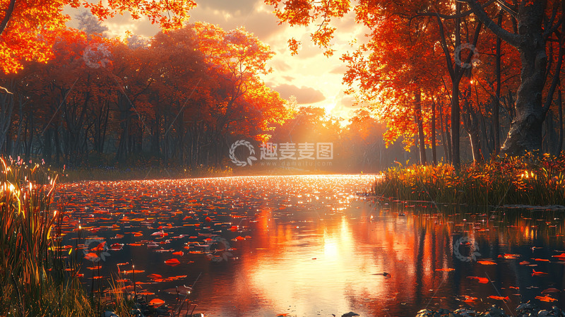 高清大图下载【趣麦麦图】秋日森林湖泊夕阳