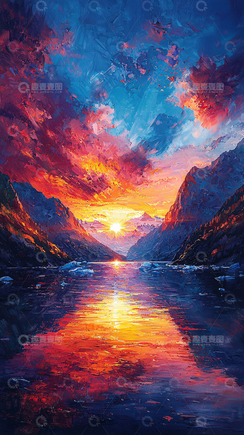 高清大图下载【趣麦麦图】湖面日落群山倒影