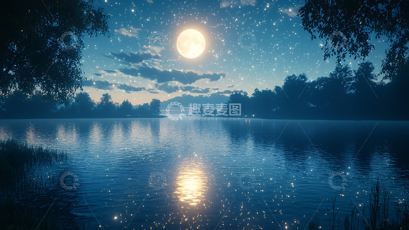 高清大图下载【趣麦麦图】月光下的宁静湖泊