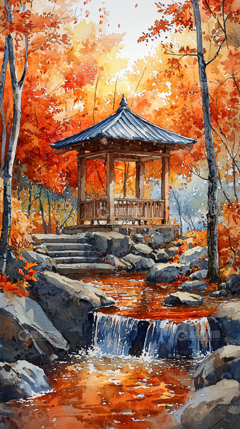 高清大图下载【趣麦麦图】秋日亭台流水意境画