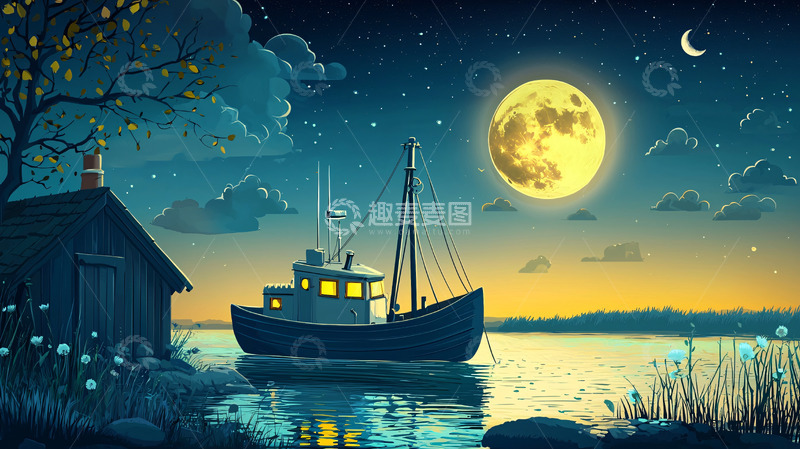 高清大图下载【趣麦麦图】宁静夜晚渔船码头风景