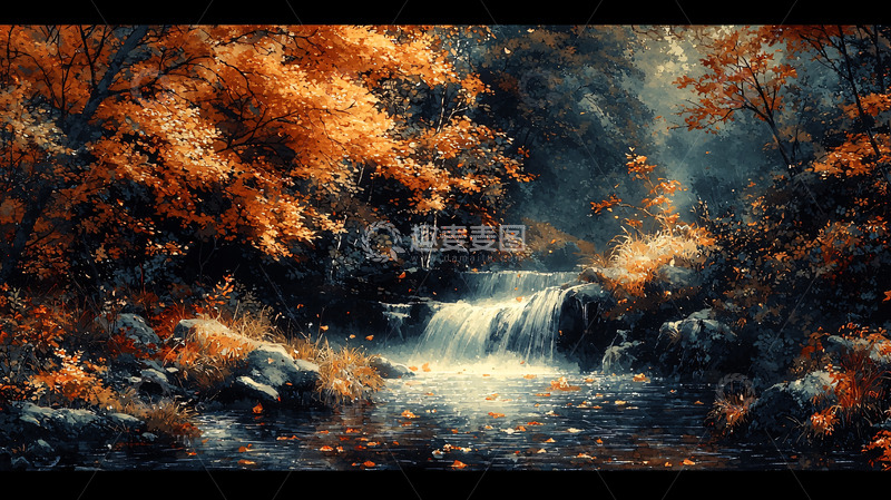 高清大图下载【趣麦麦图】秋日金色瀑布森林